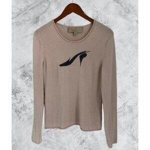 Larsen New York 100% Cashmere Sweater Shoe Print Pale Pink Gray Size Med